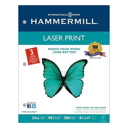 - Hammermill - Laser Print Paper, 24lb, 98 Bright, 3 Hole Punched - Ream
