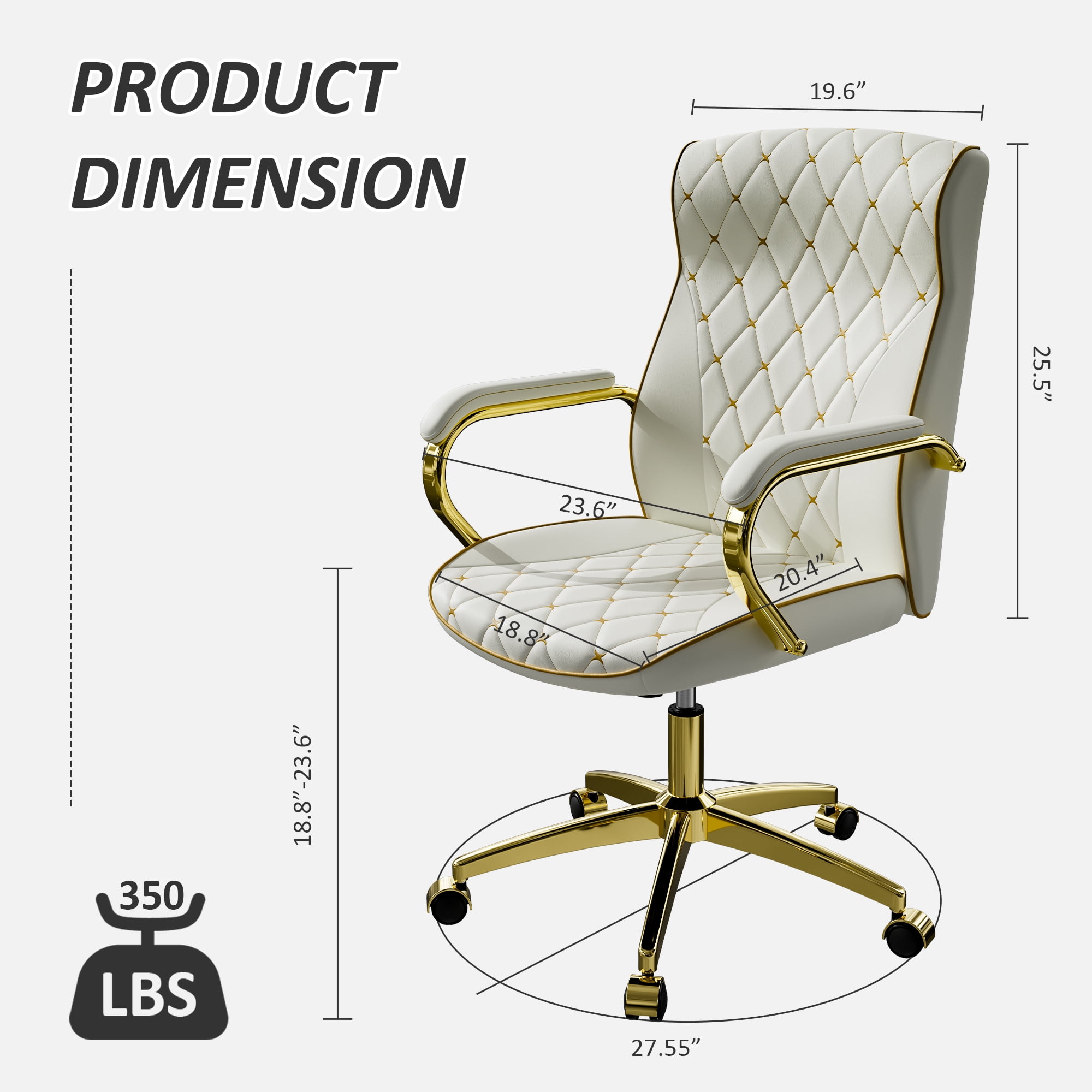 Ninecer Swivel PU Leather Office Chair, Ergonomic High Back Desk Chair with Padded Armrests, Computer Desk Chair with Gold Metal Frame, White