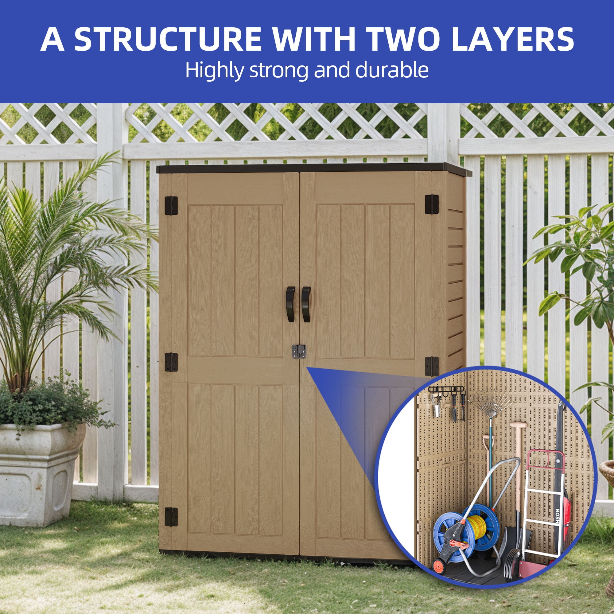 Uforic Outdoor Storage Shed, 59 Cu Ft Tool Shed Ideal for Garden, Garage & Patio, Lockable Door, Brown
