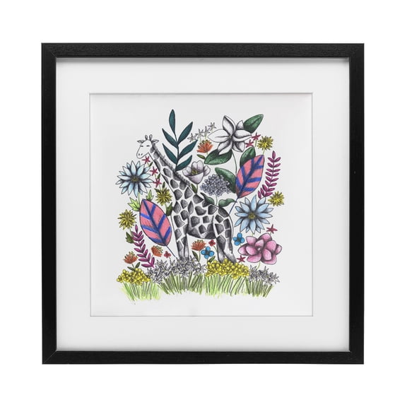 Giraffe in Midst of Flowers Black Framed Print Under Glass, design by Cecilia Battaini