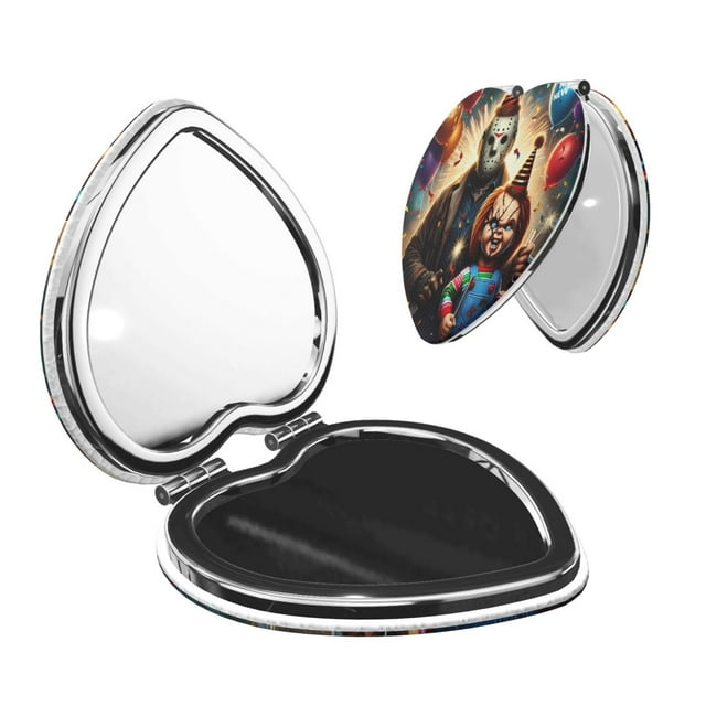 Pofeuu Chucky for Portable Pocket Makeup Mirror PU Cover Compact Travel Mirror with Normal and Magnifying Double Sided Glass-Heart Shape