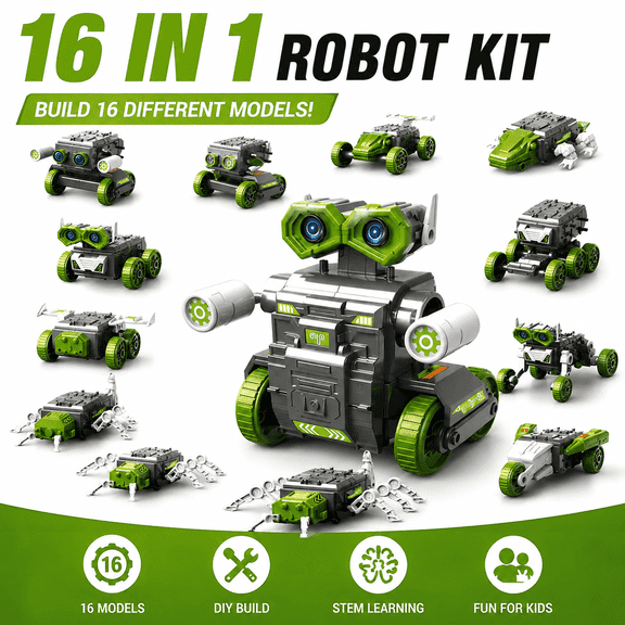 Sunrad 16-in-1 Electric Robot Building Kit, STEM DIY Engineering Toy with Motor & Gear Drive, Transformable Robotics Model Set, Educational Construction Toy for Kids Ages 8 , Birthday & Holiday Gift