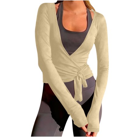 Zwiiyzr Womens Solid Color Tie Front Wrap Cardigan Long Sleeve Open Front Kimono Soft Stretchy Fabric Yoga Ballet Cover Up Casual Wear Chic Khaki