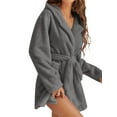 thumbnail image 3 of GESJQFZ Women Plush Hooded Shawl Collar Tie Waist Long Sleeve Bathrobe with Pockets, 3 of 7
