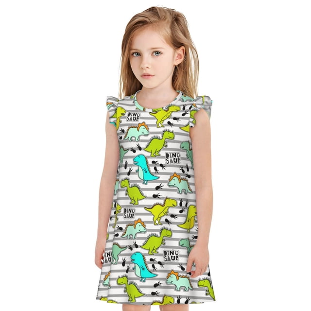 Balery Funny Dinosaurs on Stripes Camisón de princesa para niñas, pijama de algodón con mangas abullonadas, suave y bonito.-Large
