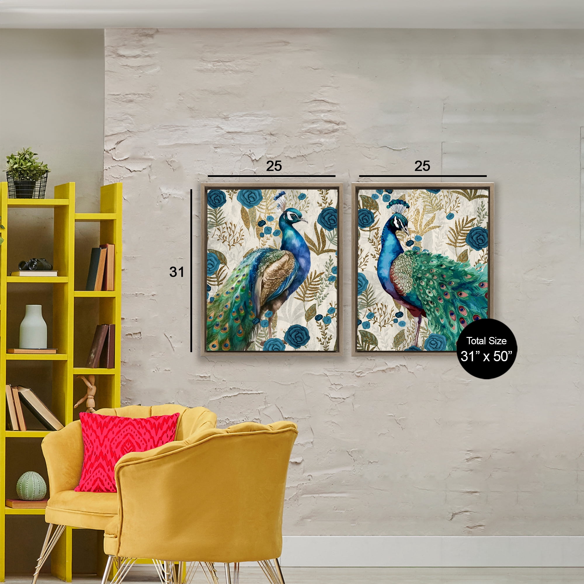 Stupell Industries Floral Peacock Pride 2 Piece Brown Framed Floater Canvas Set, design by Kim Allen