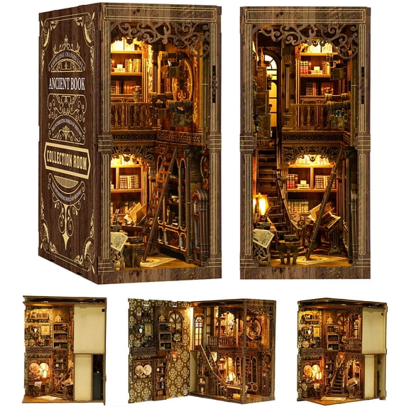 Book Nook Kit for Adults, 3D Wooden Puzzle with LED Light, Ancient Book Collection Model Bookshelf Decor, DIY Miniature MDF Bookshelf Craft Decor