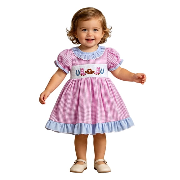 Tfken Girls Dresses Soft Comfy Holiday Travel Girls Comfortable Dresses Fashion Plaid Short Sleeve A Line Children Cute Clothes Size 6-12 Months