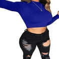 thumbnail image 2 of Womens Long Sleeve Mock Neck Slim Fit Crop Stretchy Blouse Tee Blue L, 2 of 6