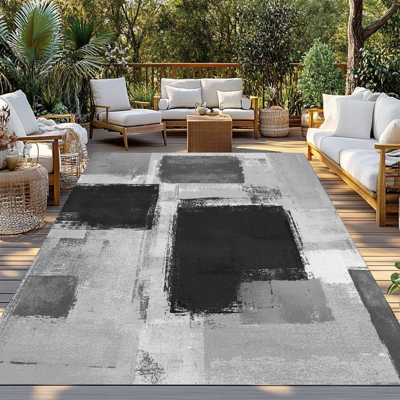 Fsddascl Black Grey Ombre Outdoor Rug for Patio/Deck/Porch, Non-Slip Large Area Rug 4 x 6 Ft, Vintage Abstract Smear Aesthetics Indoor Outdoor Rugs Washable Area Rugs, Reversible Camping Rug Carpet