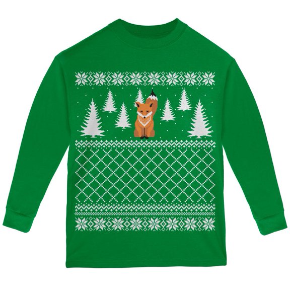 Fox Ugly Christmas Sweater Green Youth Long Sleeve T-Shirt