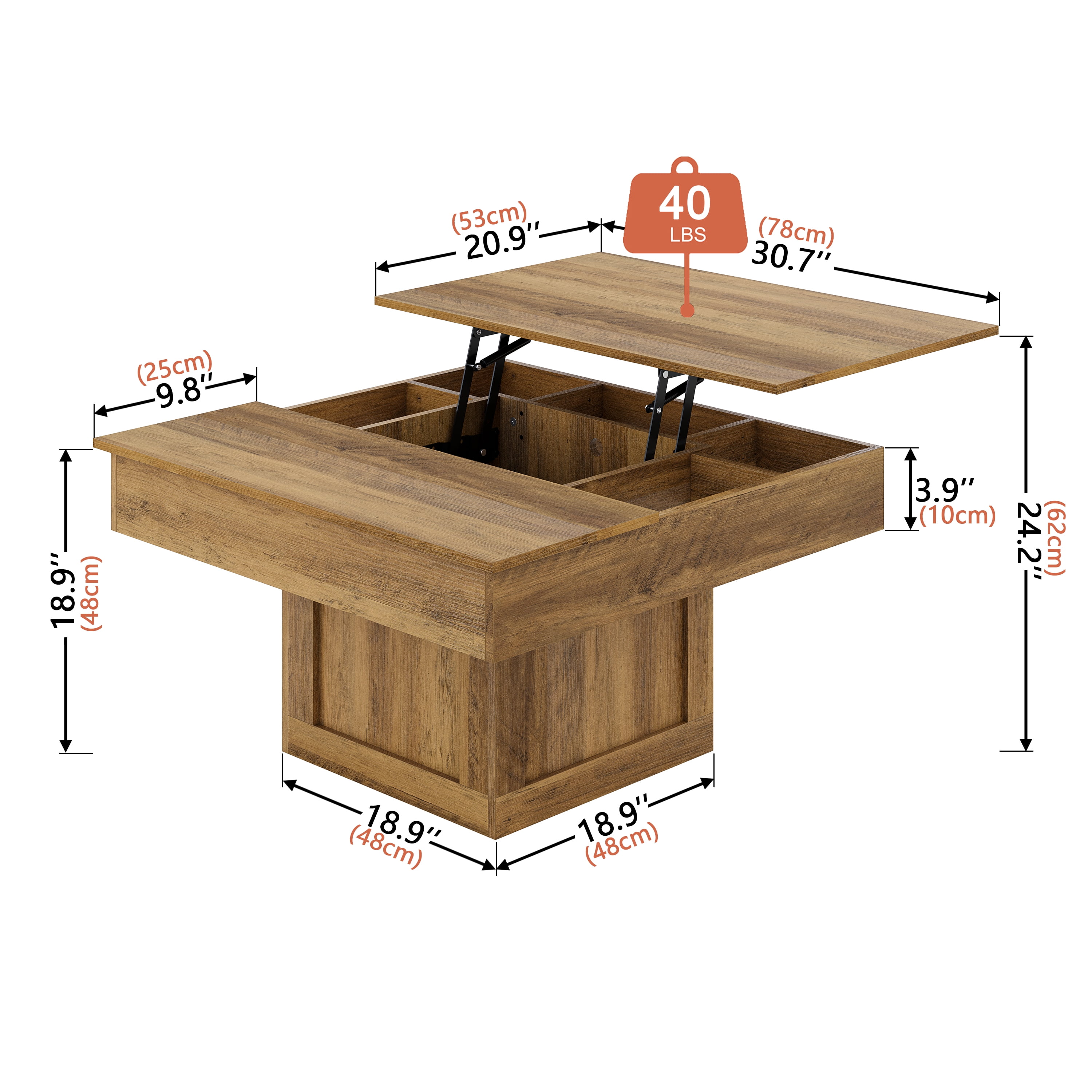 GUNAITO Lift Top Coffee Table with LED Lights, Modern Farmhouse Center Table with Storage, 31.5''Hx31.5''Wx19''D, Light Brown