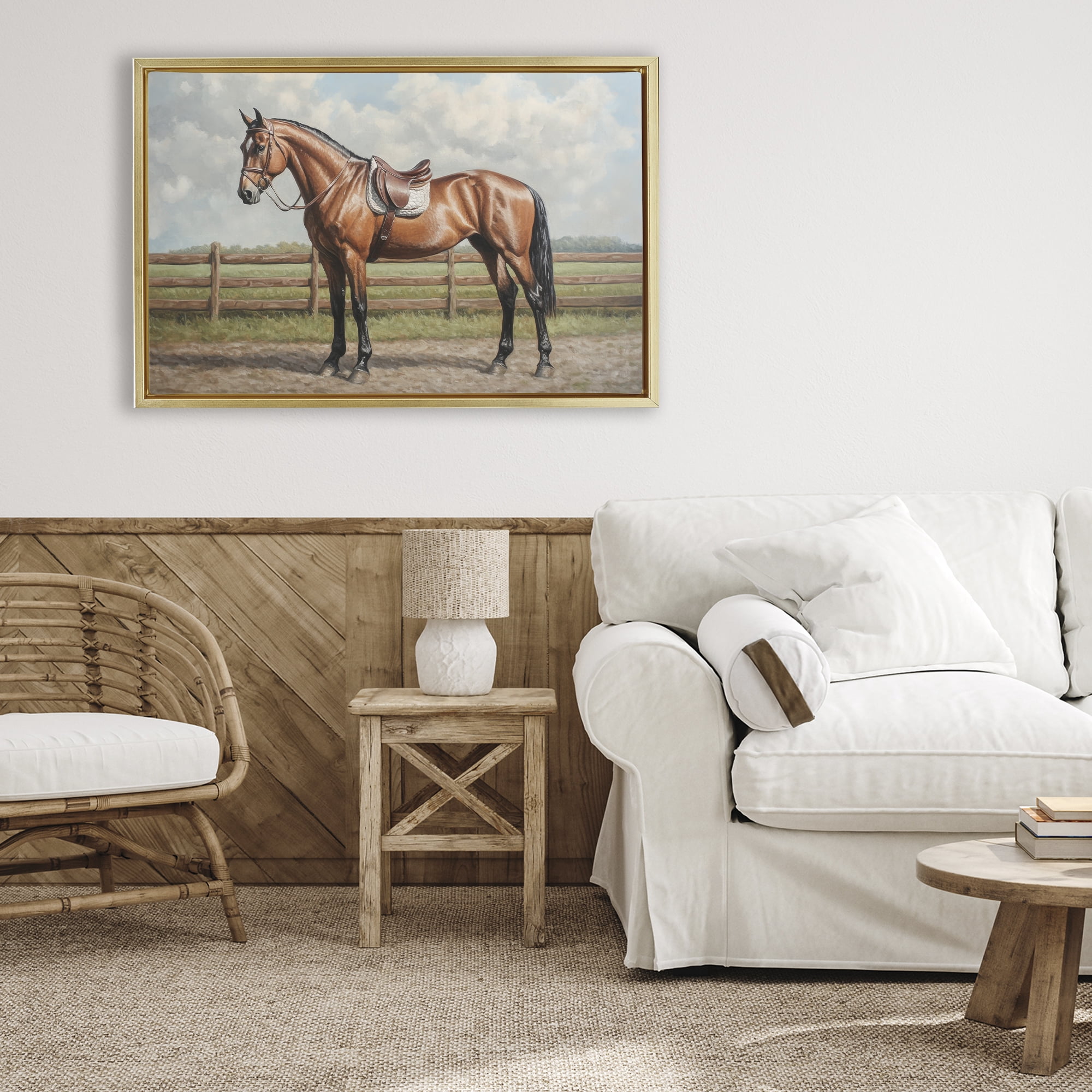 Stupell Industries Sunshine Pony on Farm Path Gold Framed Floater Canvas Wall Art, design by Petal Prints Design