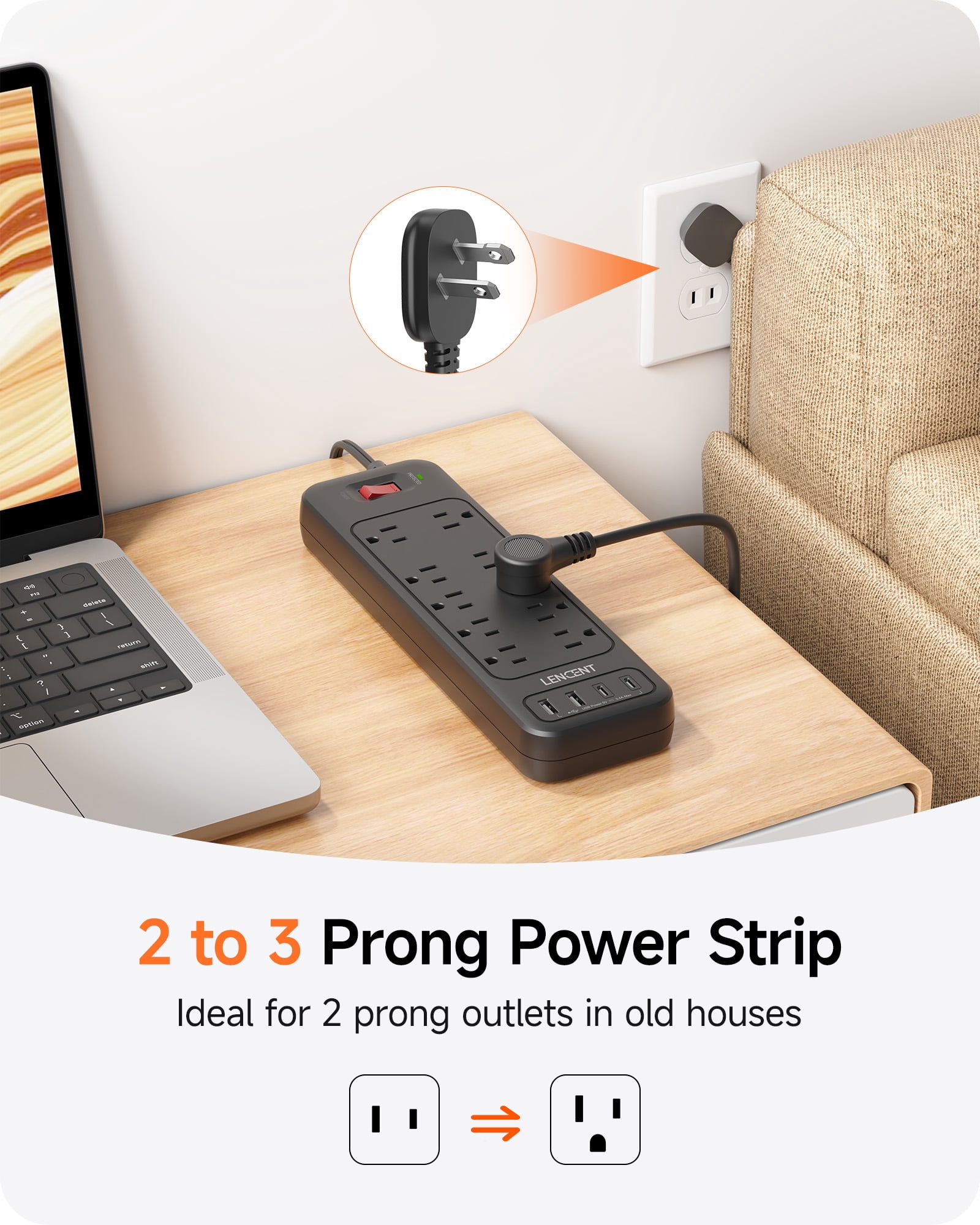 LENCENT Power Strip Surge Protector 2 Prong Extension Cords for Indoor 6ft, 2 to 3 Prong outlet plug Adapter,10 Outlets & 4 USB Ports, Wall Mountable, Ideal for Non-Grounded Outlets