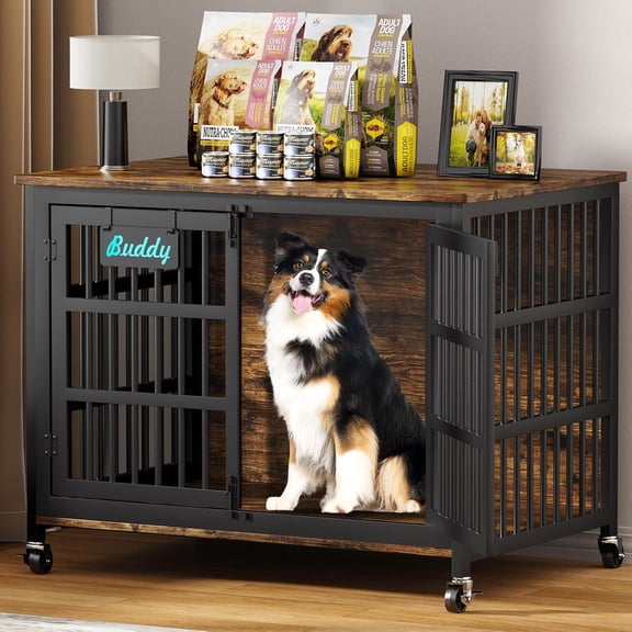 POAO 41"Heavy Duty Dog Crate Furniture with Name Tag,Chew Proof Prevent Escape for High Anxiety Dogs, Indoor Indestructible Dog Kennel ,Brown