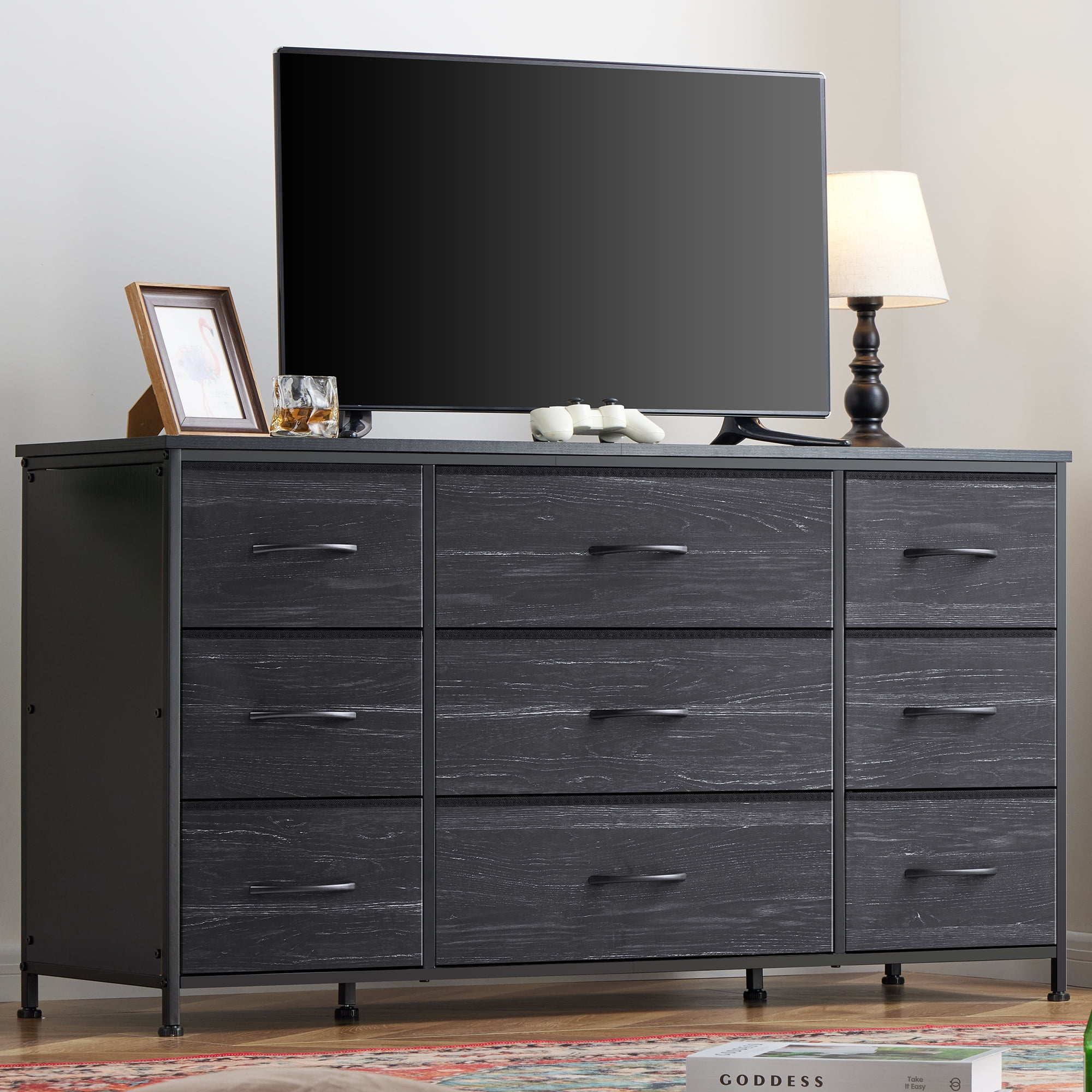 Wide Dresser TV Stand with 9 Drawers Dresser for Bedroom Chests of Drawers for Living Room, Black