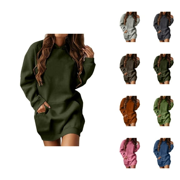 Hoodie Dress for Women 2025 Fall Winter Long Sleeve Casual Plain Hooded Sweatshirt with Pockets Pullover Tops