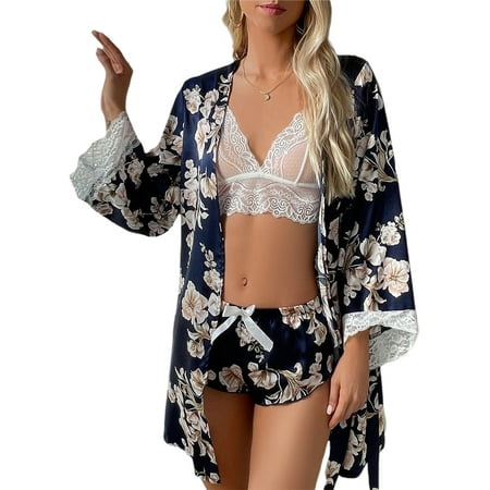 

Womens Silk Satin Pajamas Set 3pcs Lingerie Set Sleepwear Floral Lace Bra Top Shorts with Robe