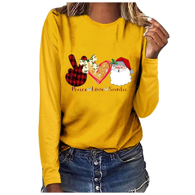 Babysbule Hauts de Noël pour Femmes Joyeux Noël Imprimé Femmes Décontracté Manches Longues Col Rond Chandail en Molleton Chandail Blouse
