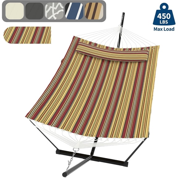 Senfot Iron T-Shaped Stand Hammock with Arc Tube Cover Cloth, Sturdy Comfortable Outdoor Hammock Red Yellow