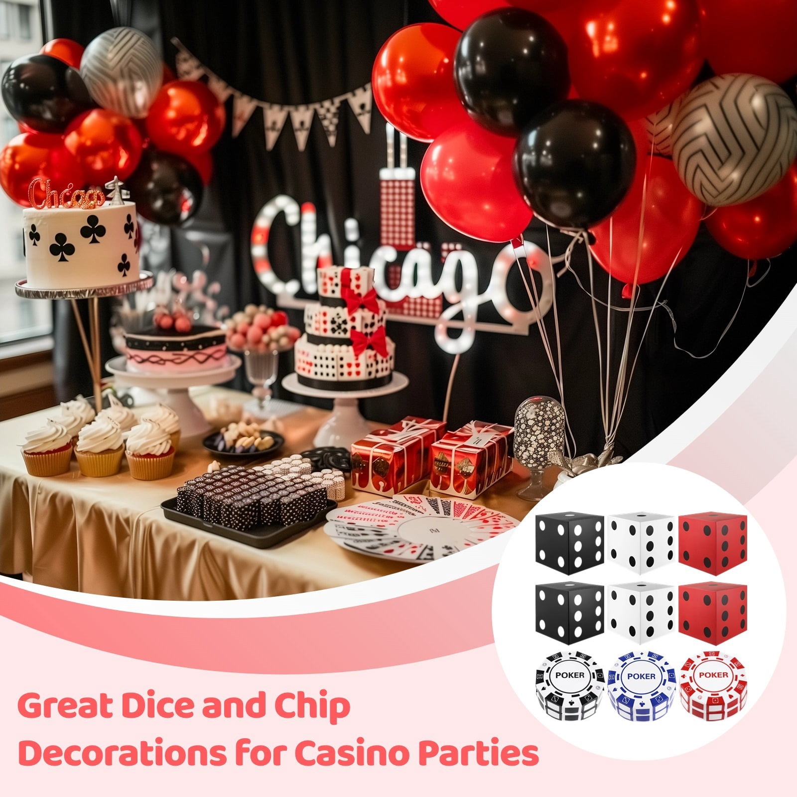 6 PCS Dice Favor Boxes with 6 PCS Chips, 11 x 11 x 11 Inches Casino Theme Party Decorations Dice Boxes, Dice Centerpieces Casino Birthday Party Decorations Boxes, Large Dice Boxes for Casino