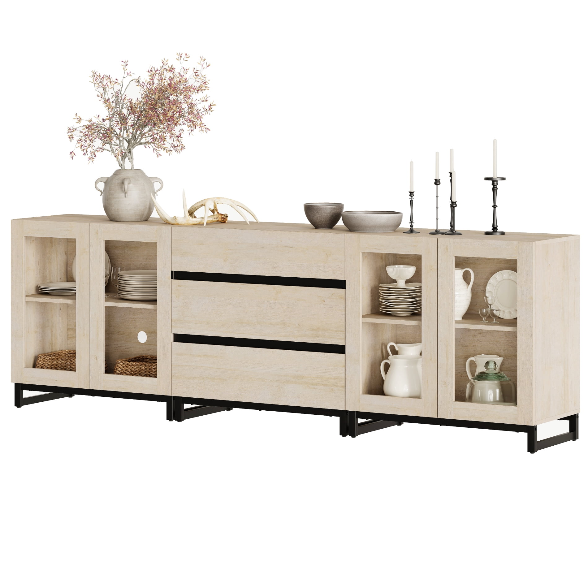 3 In 1 Modern Sideboard With Glass Doors And 3 Drawers,Storage Cabinet With Adjustable Shelves for Living Room, Kitchen,Beige