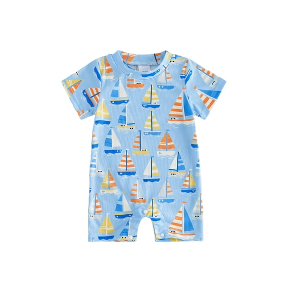 BemeyourBBs Newborn Baby Boy Summer Clothes Infant Baby Boys Ribbed Romper One Piece Outfit Cute Sailboat Marine Creatures Print Crew Neck Short Sleeve Jumpsuits
