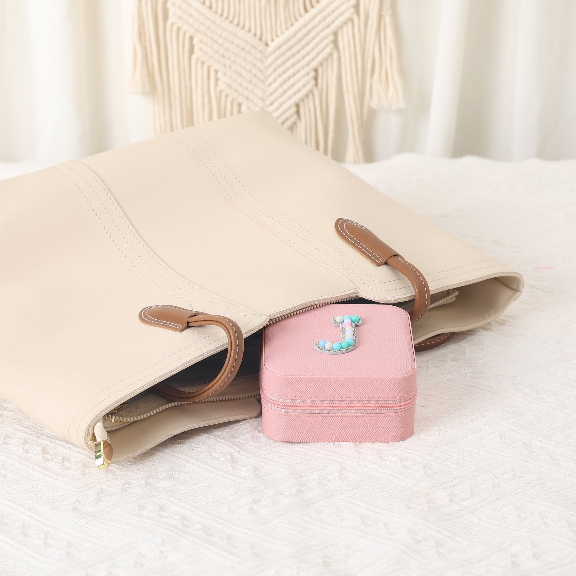 Unique Bargains Mini PU Leather Jewelry Box with Mirror Pink Letter J