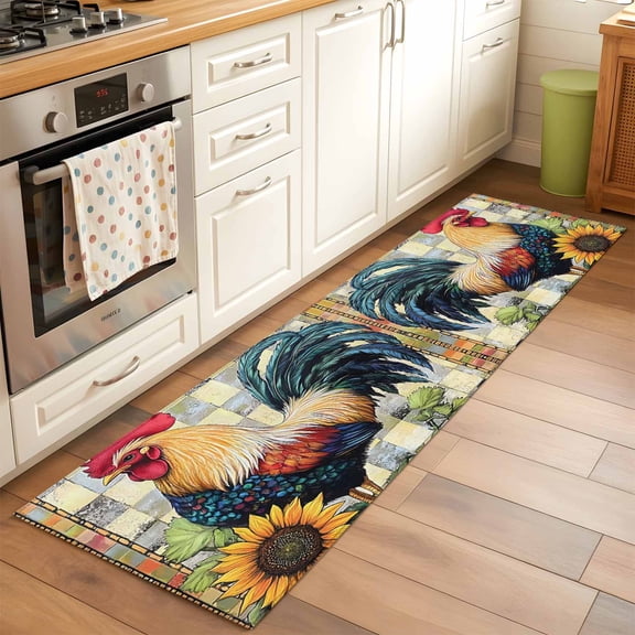 2'x6' Rug Runners for Hallways Kitchen, Vintage Rooster Non Slip Entryway Beside Floor Carpet Runner, Yellow Sunflower Watercolor Animals Washable Laundry Room Bedroom Throw Rugs Mat for Family Pet