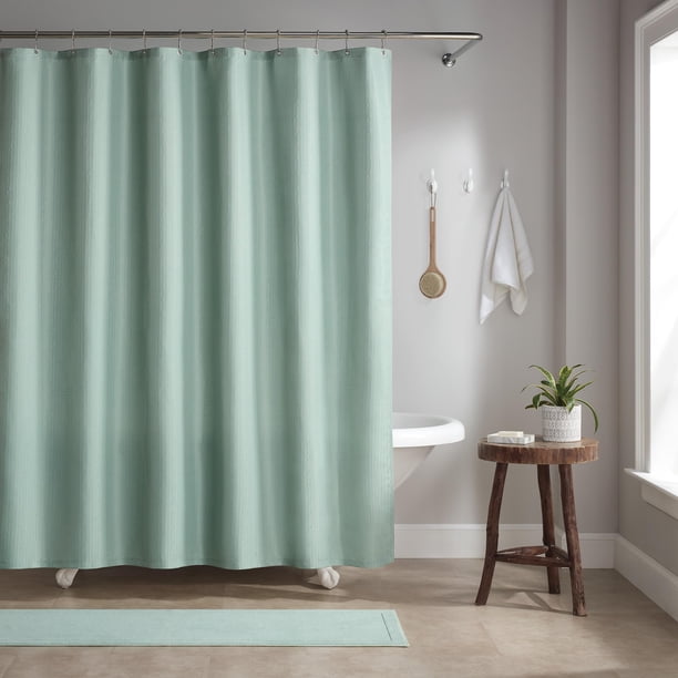 Arkwright Juego de cortinas de ducha para baño, de acero inoxidable, 12 ganchos de metal, tejido jacquard con forma de gota de lluvia, tela lavable con dobladillo pesado y ojales inoxidables, 210 g/m²