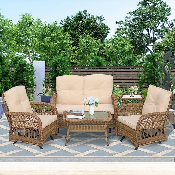 W WARMHOL 5 Pieces Outdoor All Weather Furniture Wicker Patio Conversation Cushioned Sofa Set with Glider Loveseat/2 Swing Glider Chairs/2 Matching Glass Coffee Table for Poolside, Garden, Backyard