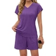 thumbnail image 3 of MOSHU Womens Pajamas Sets V Neck Tops and Drawstring Shorts Sets with Pockets Two Piece Lounge Sets Oufits, 3 of 12