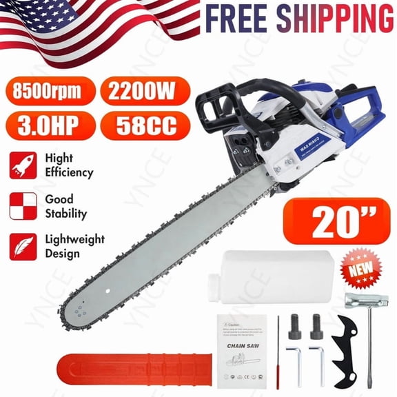 Ynce 63CC Gas Powered Chainsaw 20 Inch, Lightweight Top Handle Handheld Chainsaw with Quenched Chain, Auto Lubrication, Safety Lock & Quick Stop for Tree Wood Cutting