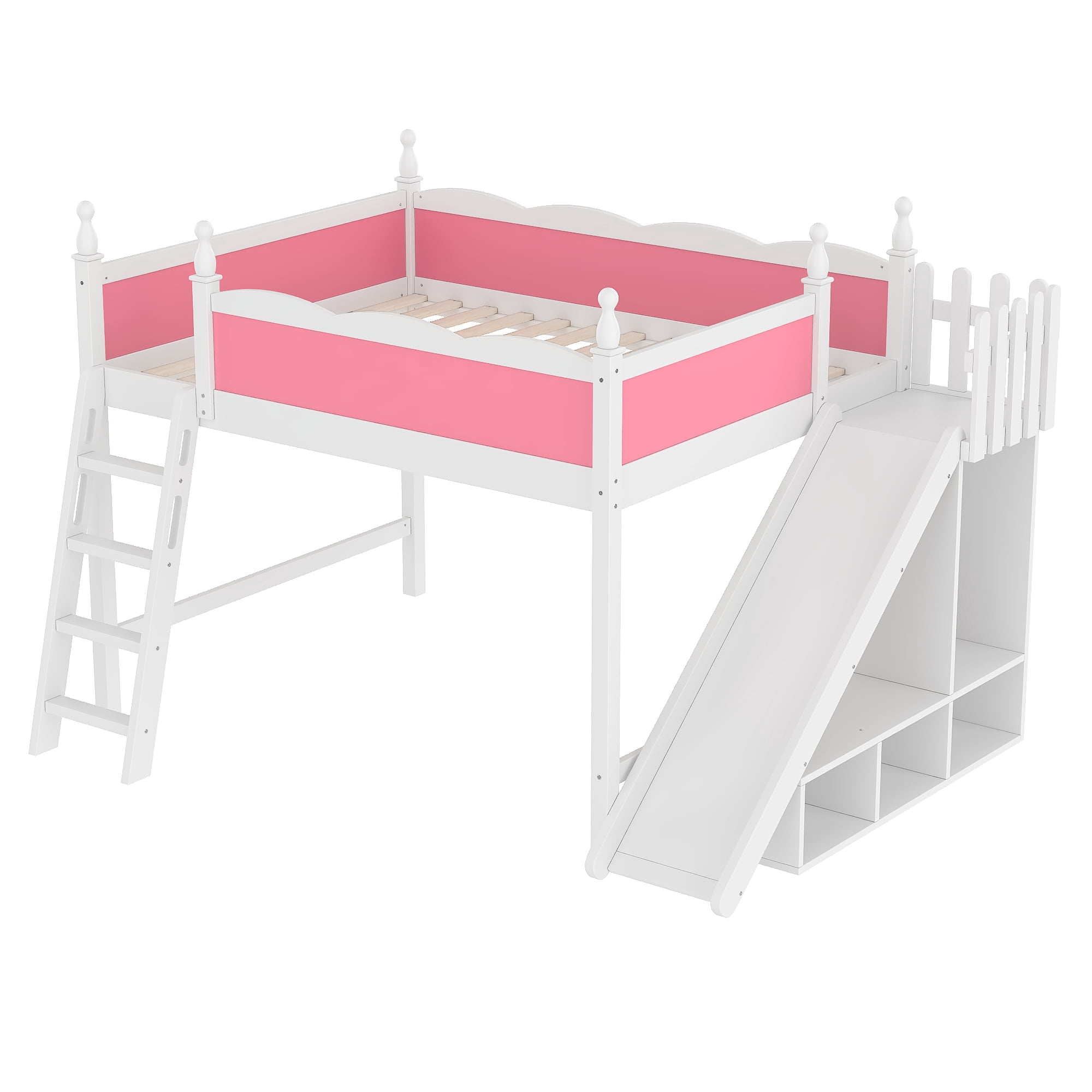 Leumius Queen Loft Bed Frame with Storage Shelves and Wardrobe, Solid Wood Loft Bed with Detachable Slide and Ladders for Kids Teens Adults Pink and White