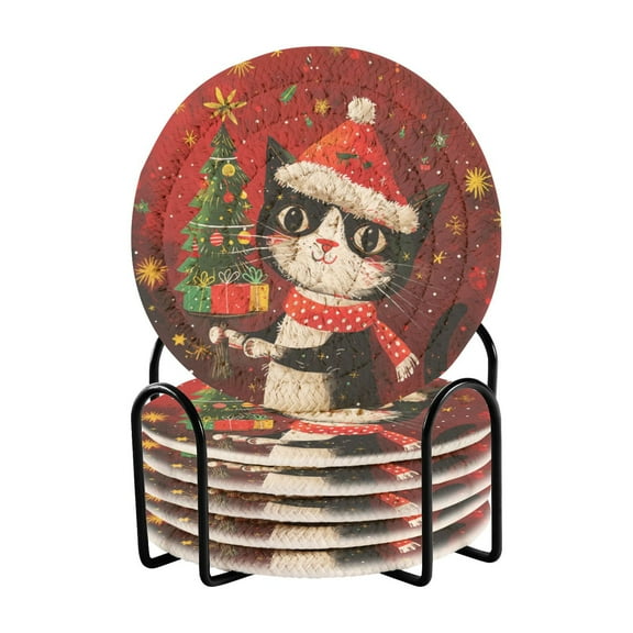 Cute Cat with Christmas Tree Coasters with Holder for Coffee Table 6 Pcs Drink Coaster Sets Absorbent for Home Decor 4 inch