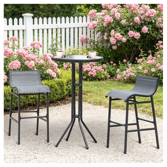 Bar Height Bistro Set - 3 Piece Outdoor Patio Furniture - Charcoal Gray Metal Chairs & Tempered Glass Table - Space Saving for Balcony, Deck, or Small Areas