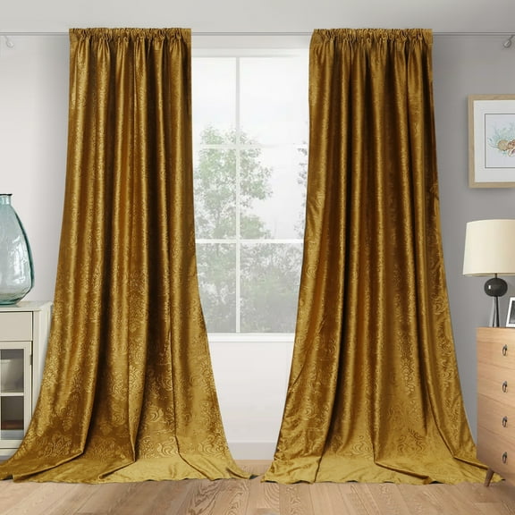 Lapalife Blackout Velvet Curtains, Moroccan Damask Pattern Rod Pocket Thermal Insulated Velvet Curtain Drapes for Living Room, 2 Panels, 52"x 72", Desert Gold