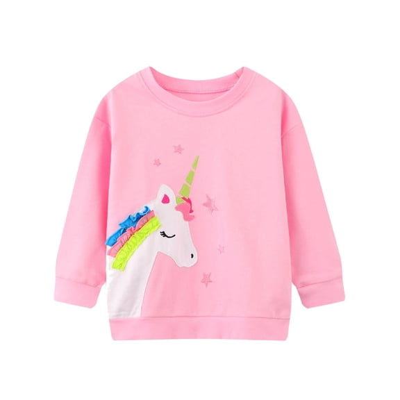 HILEELANG Girls 2T-7Y Cotton Crewneck Sweatshirt, Ruffle Mane Unicorn Applique, Pink, Long Sleeve