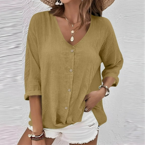 EchfiProm Button down Tops Women Khaki Summer Office Relaxed Fit V Neck Solid Long Sleeve Shirts