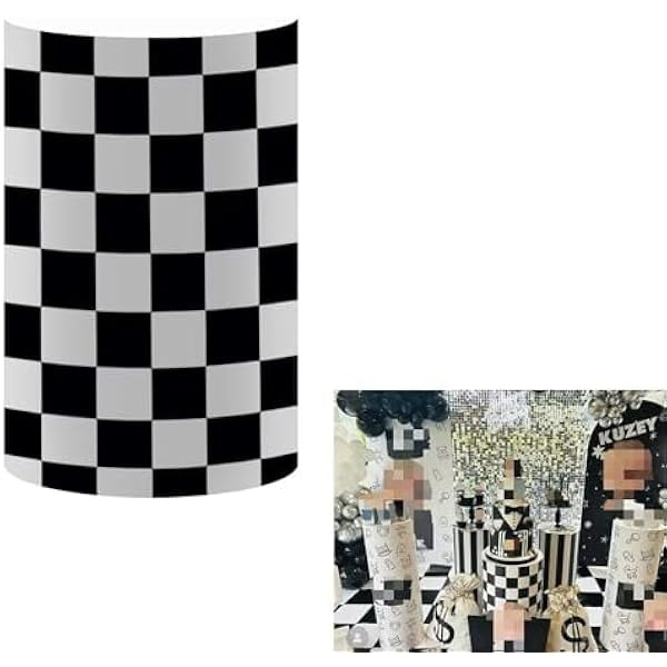 wonima02 Black and White Checkerboard Cylinder Covers for Boss Racing Car Birthday Parties Pedestal Plinth Stretchy Fabric Cover Boys Kids Baby Shower Cake Tablecloth Party Decors 14''30''
