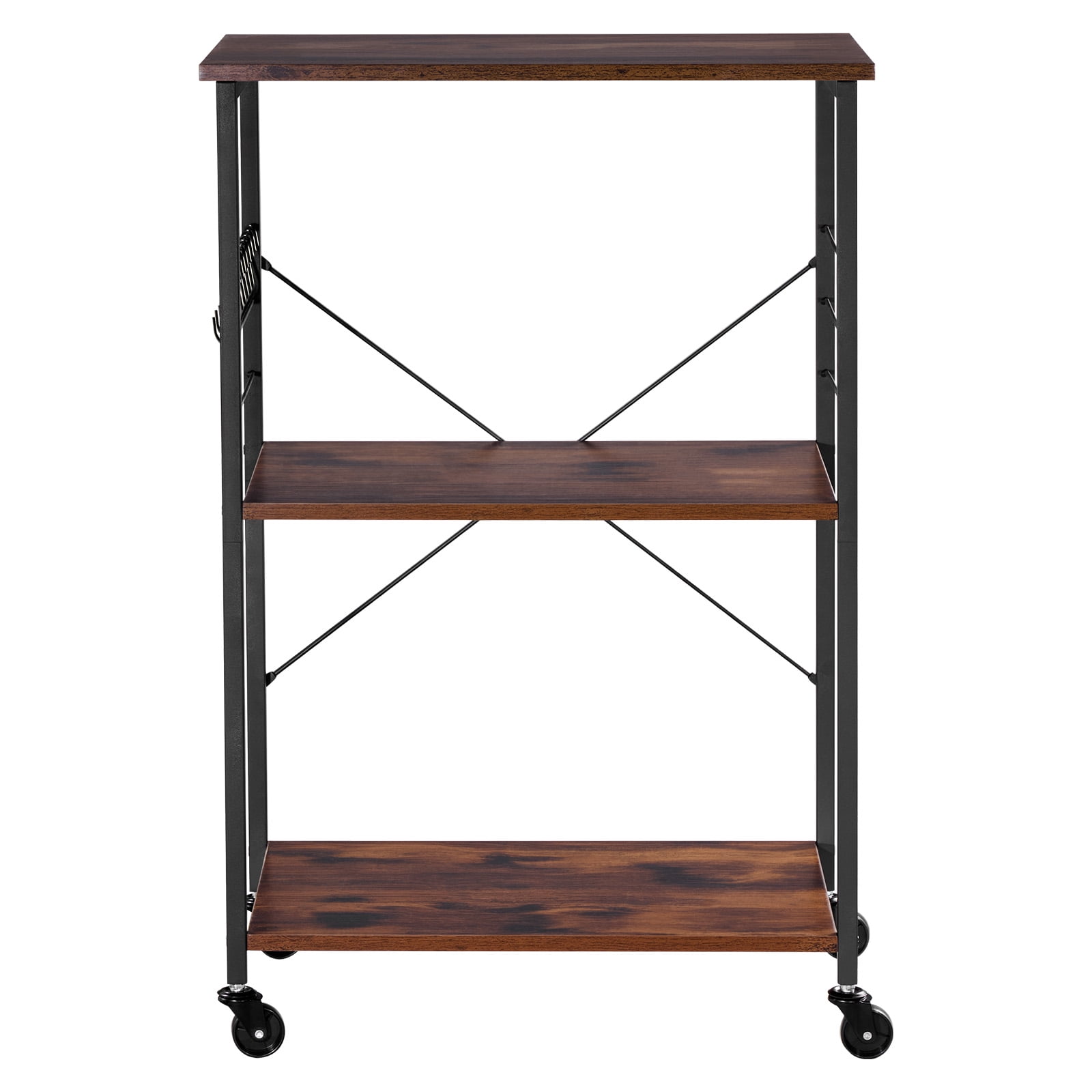 KFFKFF 3-Tier Kitchen Utility Cart, 23.7 in Rolling Storage Rack with Hooks, Durable Microwave Stand and Coffee Cart, Mobile Service Trolley for Toaster, Mini Oven, and More