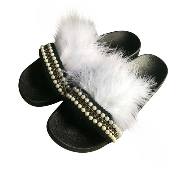 Womens Summer Fashion One-word Plush Pearl Slippers Solid Color Flat Shoes