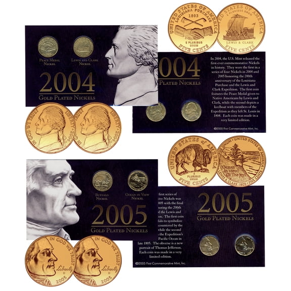 2004 & 2005 Nickels, 24k Gold Plated