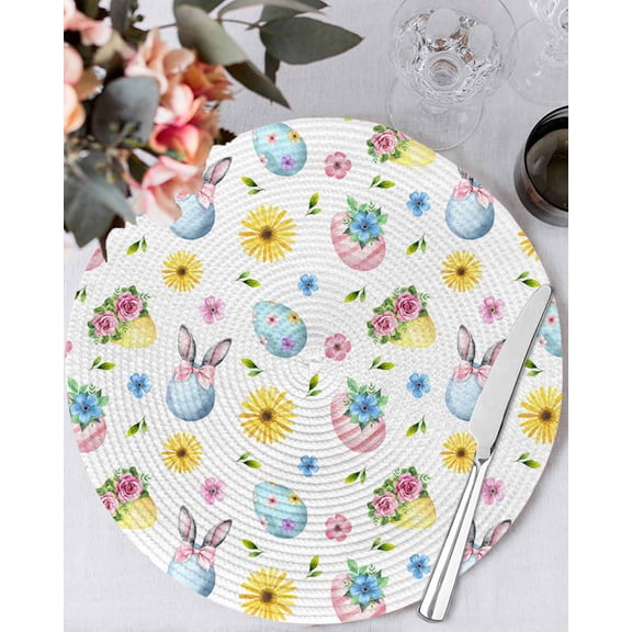 13 Inch Round Placemats Set of 6, Easter Non Slip Heat Insulation PP Table Mats, Spring Watercolor Bunny Eggs Daisy Flowers Washable Place Mats for Kitchen Dining Party Table Decor