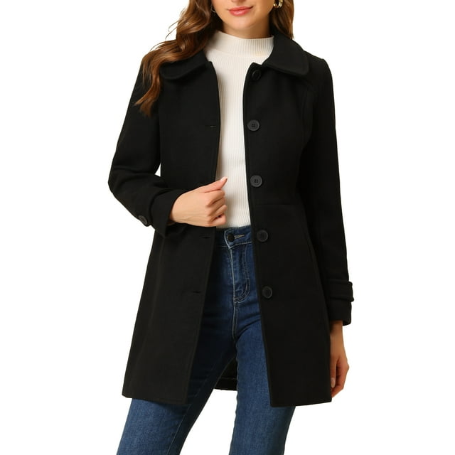 INSPIRE CHIC Manteaux pour Femmes Col Peter Pan Boutonnage Simple devant à Boutons Manteaux d'Hiver L Noir