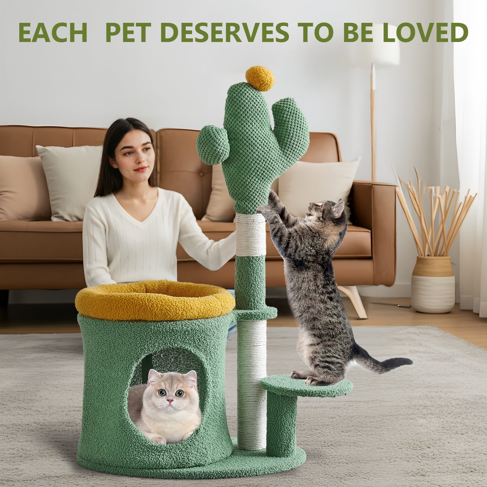ABSOKE 32" Cat Tree,Cat Tower with Cactus Cat Scratching Post,Cozy Cat House for Indoor Cats,Green