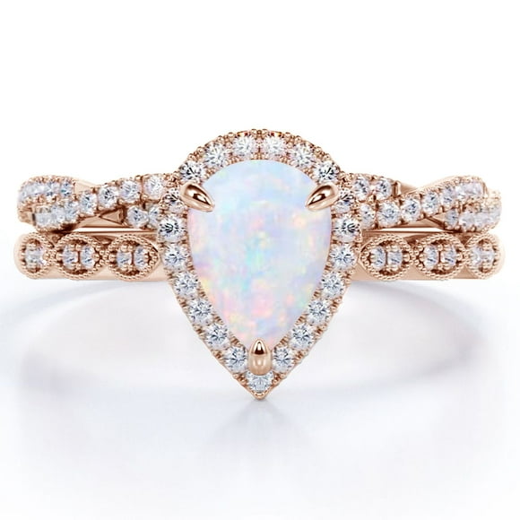 JeenMata 1.5 Carat Pear Cut Lab Created Opal and Moissanite Vintage Engagement Ring - Halo Pave Bridal Set in 18K Rose Gold Over Silver