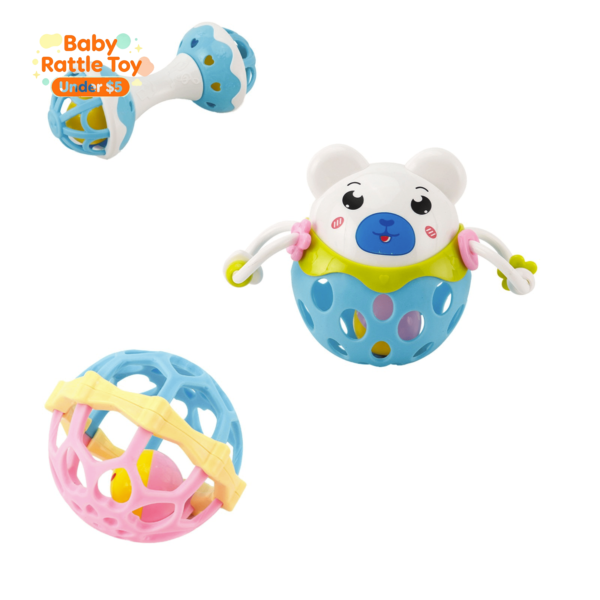 Under 5 dollar 3 Pack Silicone Baby Rattle Toy Set Chewable Infant Teething Shakers Easy Grip Animal Sensory Developmental Toys Early Educational Play Kit for Newborns Boys Girls Baby Shower Gift