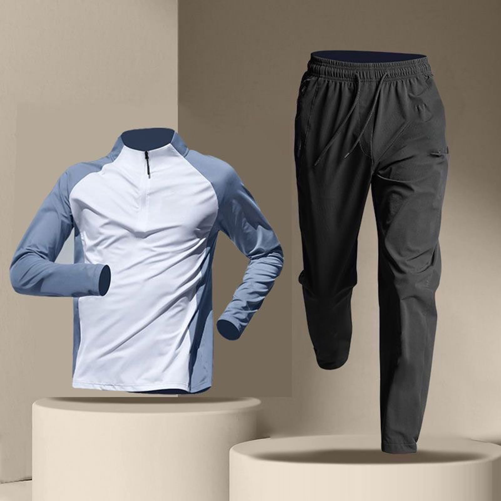 sunsanly 2Pcs/Set Men's Quick-drying Fitness Suit Half-zip T-shirt Trouser Set Sports Track Field Clothes Breathable Sportswear for Running Cycling