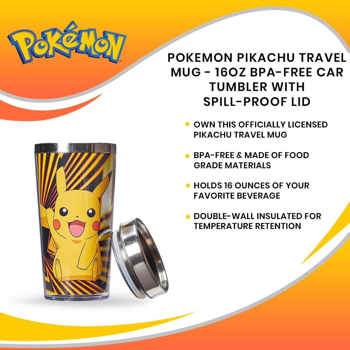 16oz BPA-Free Car Tumbler with Spill-Proof Lid Pokemon Pikachu Travel Mug 